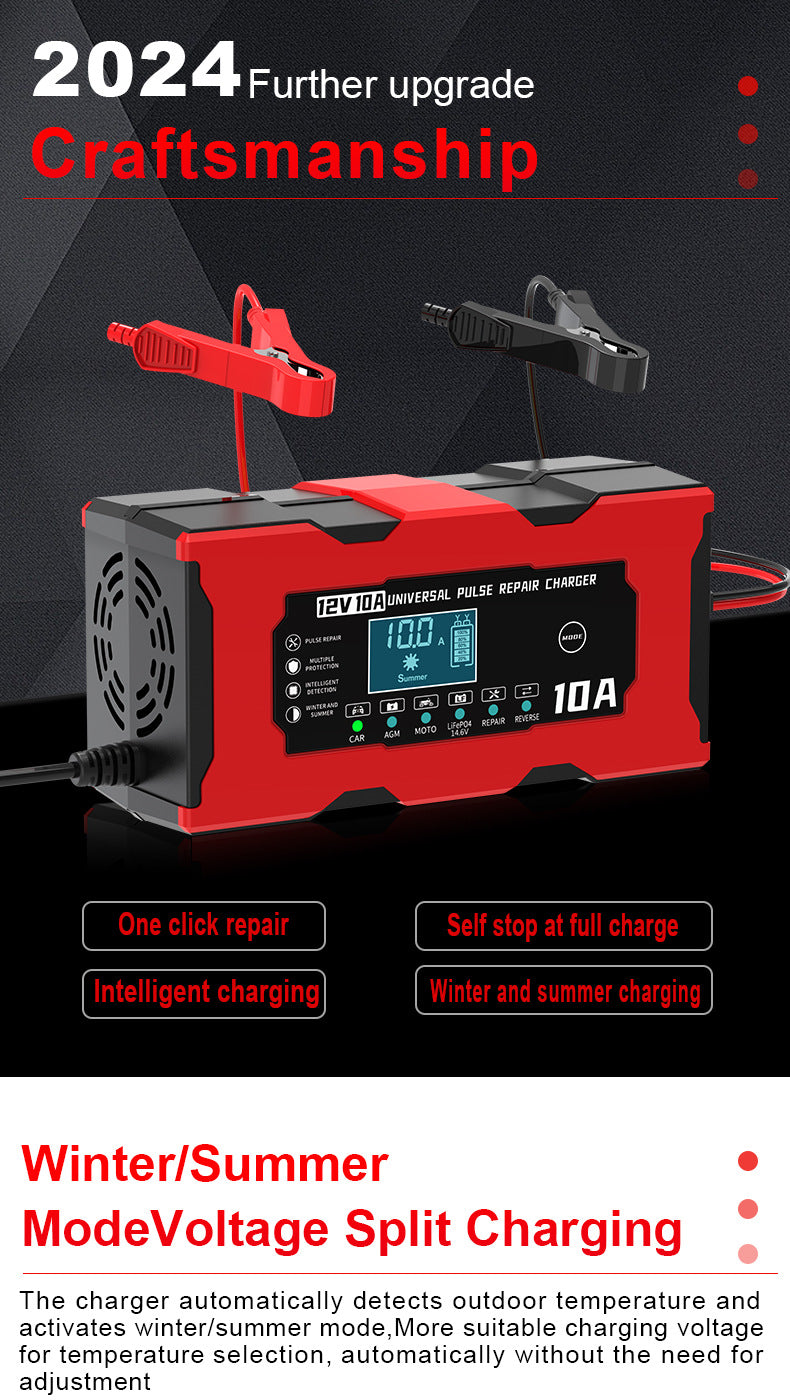 12V 10A Smart Car Battery Charger – LiFePO4 Lead Acid AGM GEL Motorcycle Battery Repair Charger