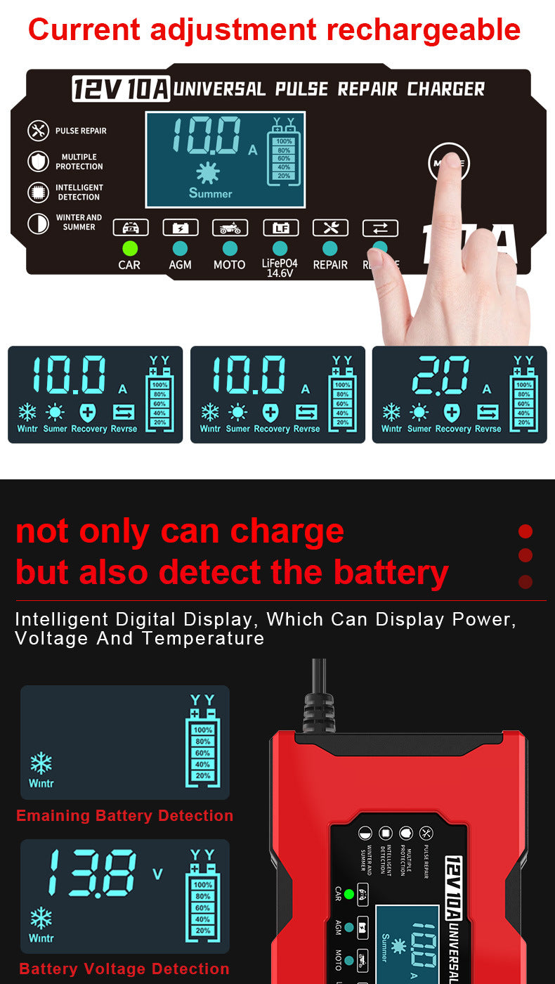 12V 10A Smart Car Battery Charger – LiFePO4 Lead Acid AGM GEL Motorcycle Battery Repair Charger