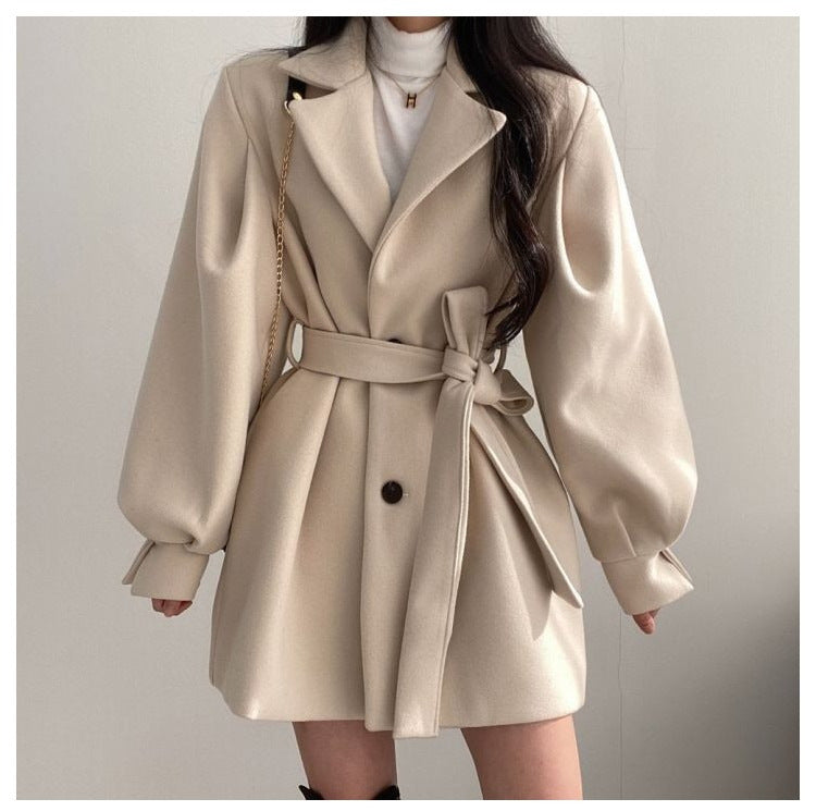 Women's Mid-Length Woolen Coat — Korean Hepburn Style with Strap Detail