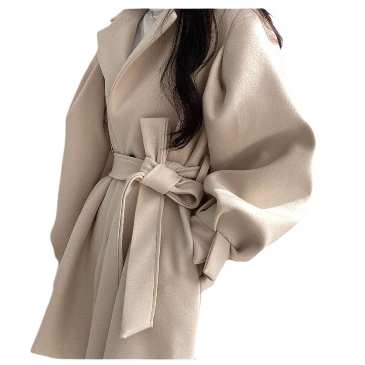 Women's Mid-Length Woolen Coat — Korean Hepburn Style with Strap Detail