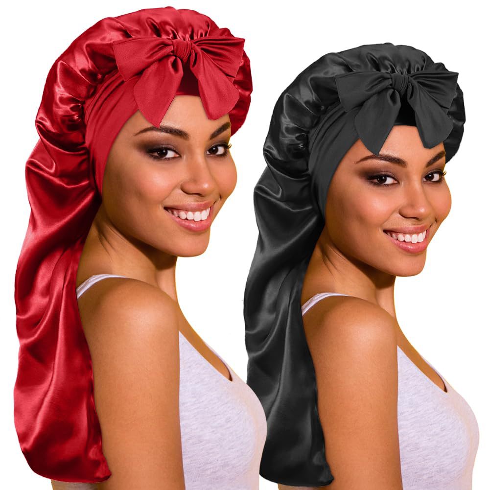 Amazon's New Women's Ribbon Long Hat Satin Nightcap Hairdressing Shower Cap Hair Care Cap Long Tail Turban Hat