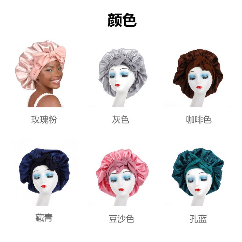 Cross-Border Popular Satin Ribbon Round Hat with Bow, Imitation Silk Beauty and Hair Care Wide-Brimmed Hat, Single-Layer Satin Sleep Cap
