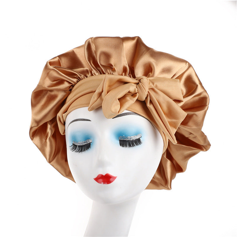 Satin Ribbon Round Sleep Cap with Bow — Imitation Silk Wide-Brimmed Hair Care Hat