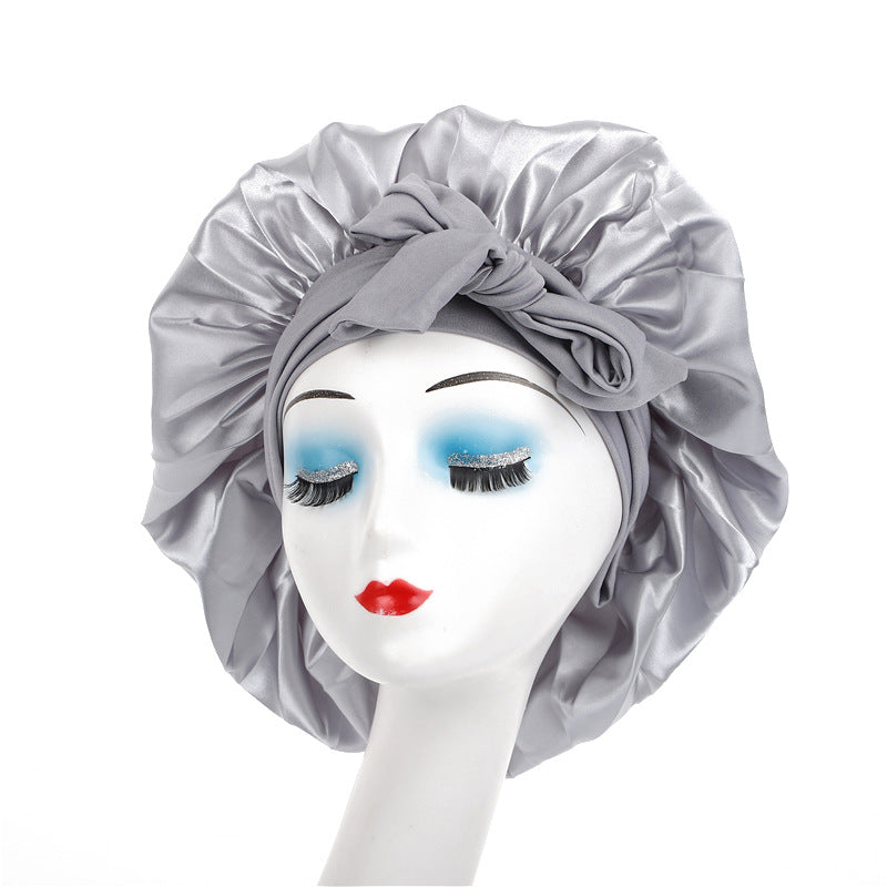 Satin Ribbon Round Sleep Cap with Bow — Imitation Silk Wide-Brimmed Hair Care Hat