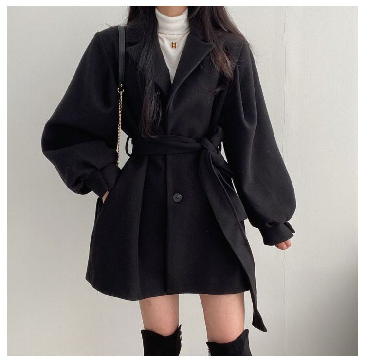 Women's Mid-Length Woolen Coat — Korean Hepburn Style with Strap Detail