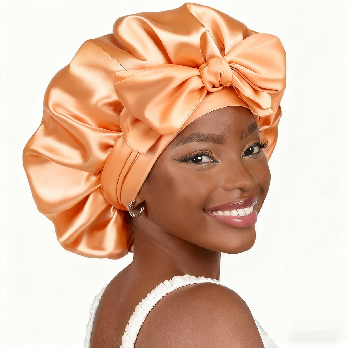 Satin Ribbon Round Sleep Cap with Bow — Imitation Silk Wide-Brimmed Hair Care Hat