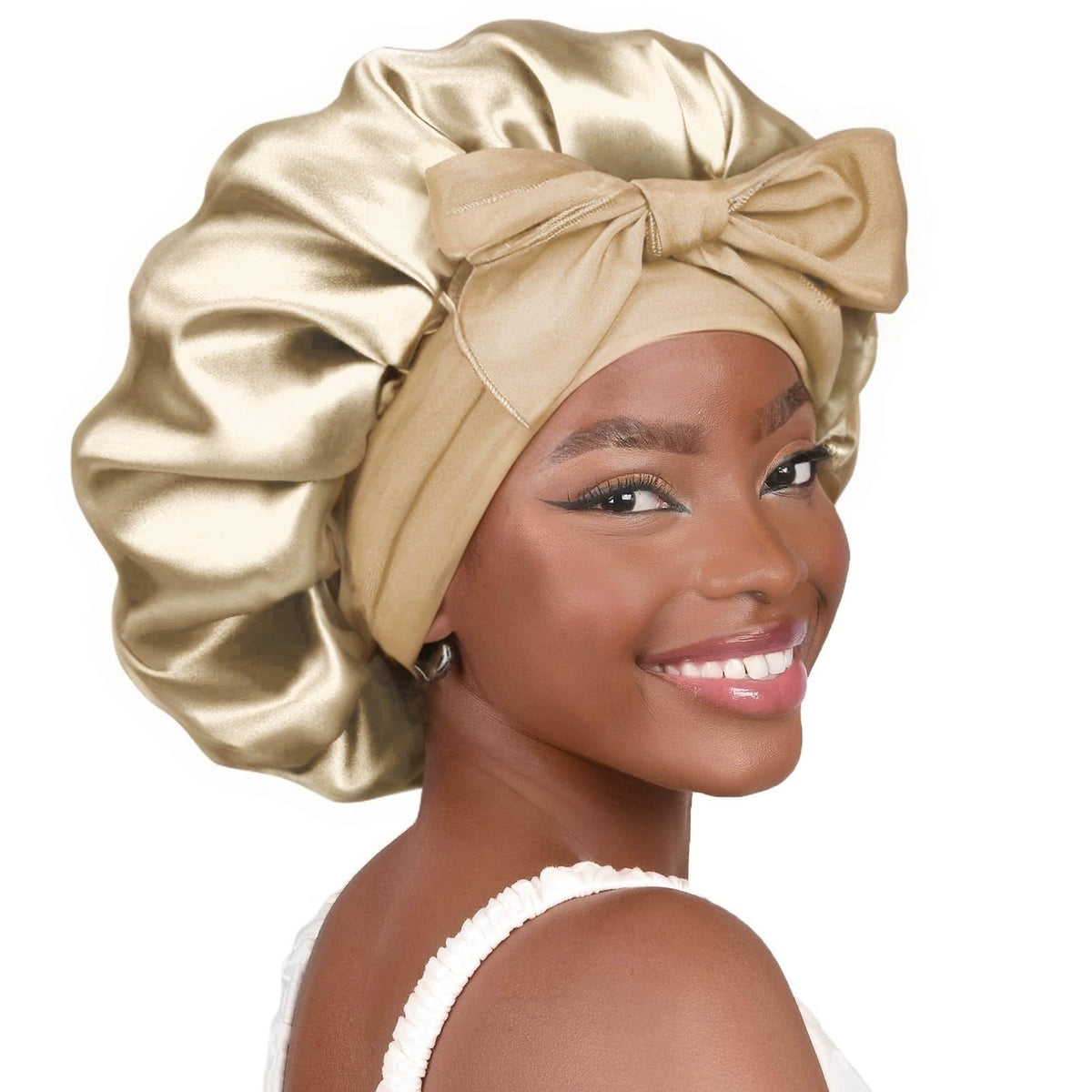 Satin Ribbon Round Sleep Cap with Bow — Imitation Silk Wide-Brimmed Hair Care Hat