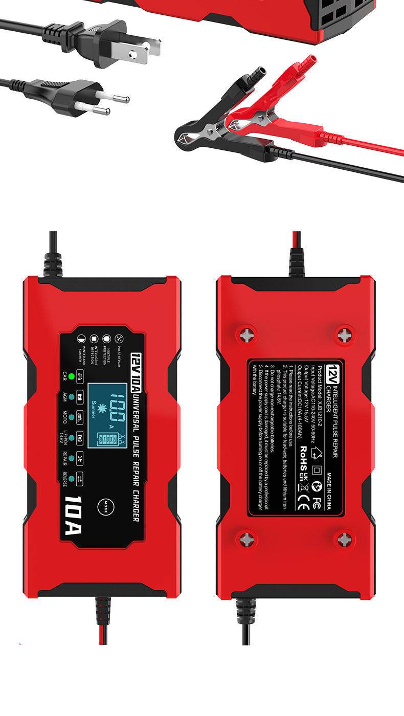 12V 10A Smart Car Battery Charger – LiFePO4 Lead Acid AGM GEL Motorcycle Battery Repair Charger