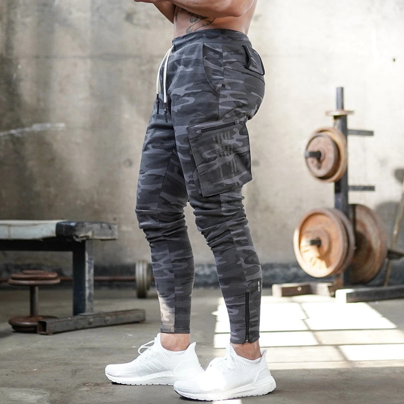 Men's Camouflage Sports Overalls — Cotton Running Fitness Bib Trousers with Zipper Detail