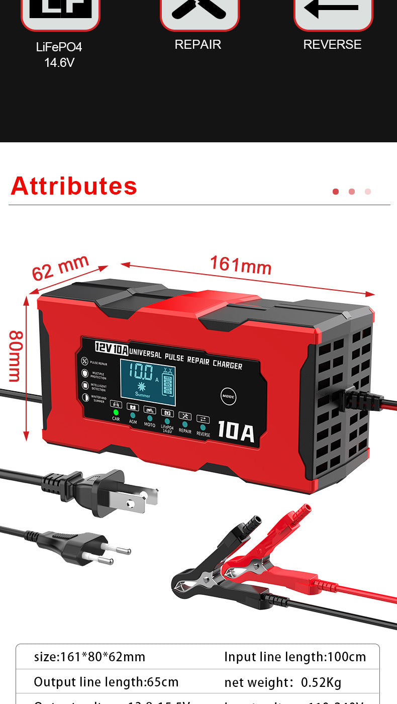 12V 10A Smart Car Battery Charger – LiFePO4 Lead Acid AGM GEL Motorcycle Battery Repair Charger