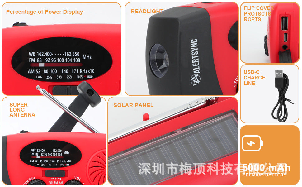 Portable Emergency Solar Hand-Crank Radio — FM/AM/WB, 2000–10000mAh Power Bank, 5 Colors