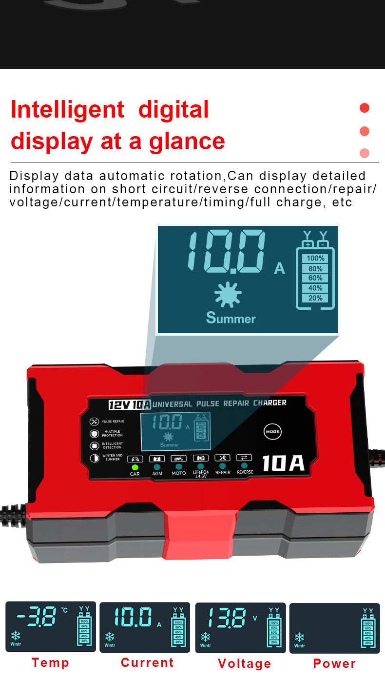 12V 10A Smart Car Battery Charger – LiFePO4 Lead Acid AGM GEL Motorcycle Battery Repair Charger