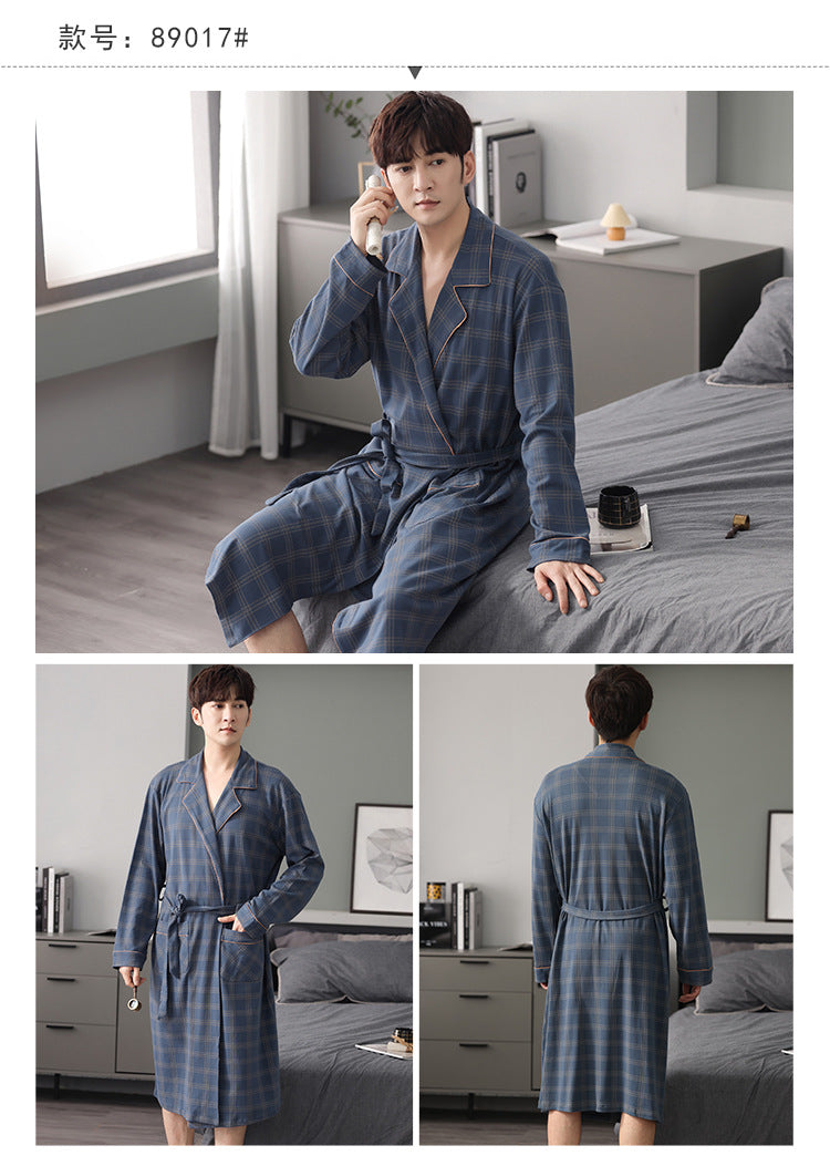 Men's Pure Cotton Plaid Kimono Robe | Long Bathrobe Dressing Gown M-4XL