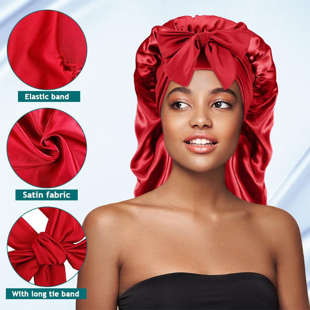 Amazon's New Women's Ribbon Long Hat Satin Nightcap Hairdressing Shower Cap Hair Care Cap Long Tail Turban Hat