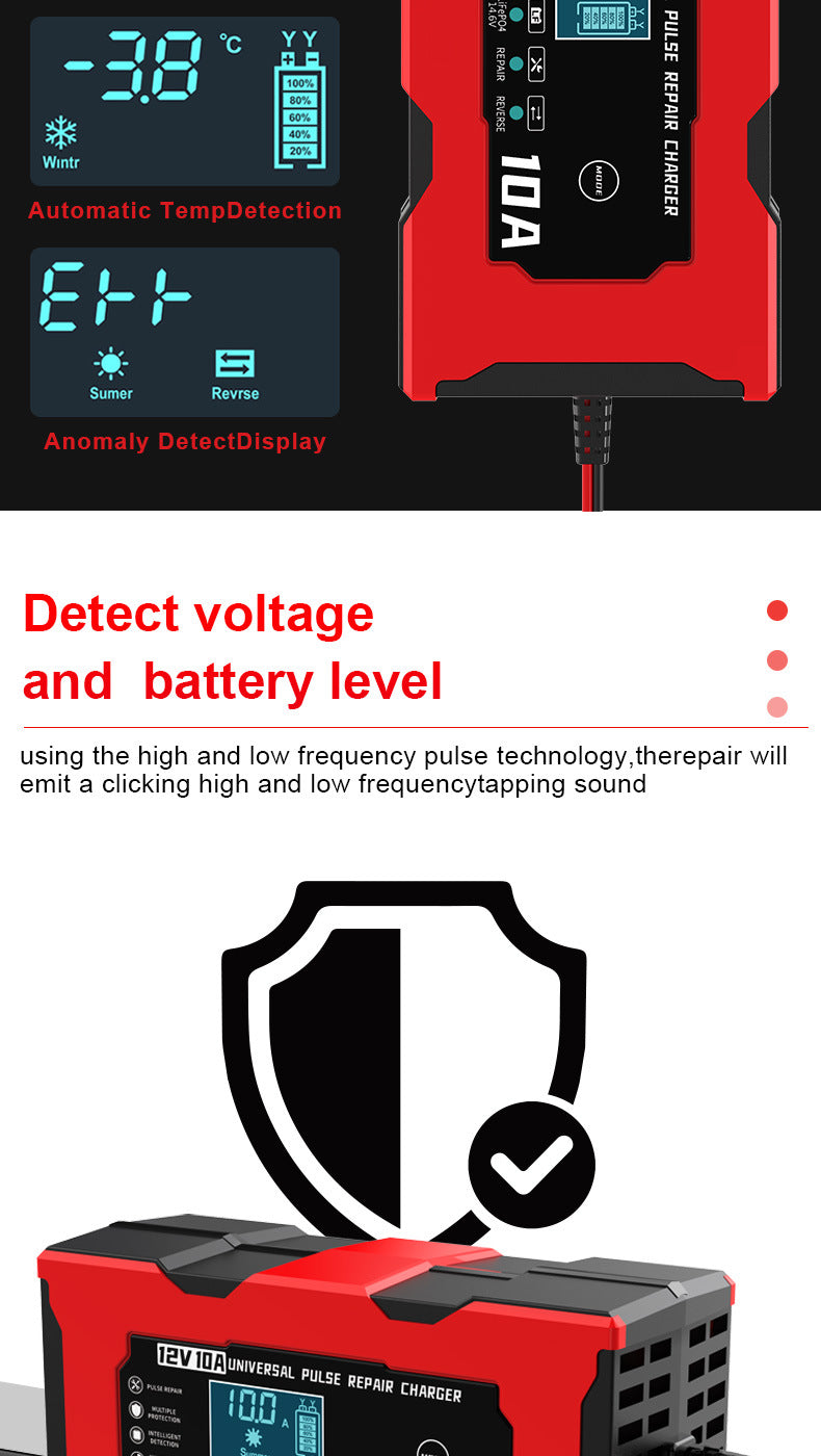 12V 10A Smart Car Battery Charger – LiFePO4 Lead Acid AGM GEL Motorcycle Battery Repair Charger