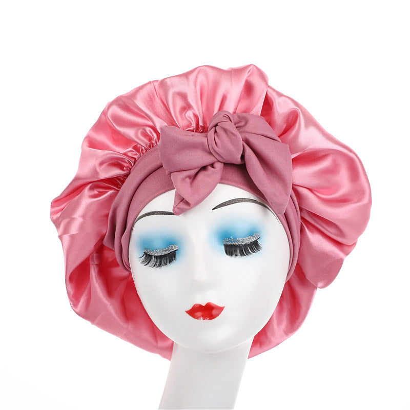 Satin Ribbon Round Sleep Cap with Bow — Imitation Silk Wide-Brimmed Hair Care Hat