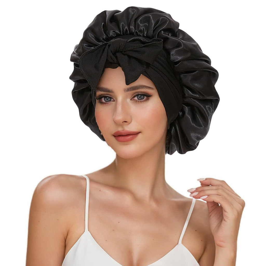 Cross-Border Popular Satin Ribbon Round Hat with Bow, Imitation Silk Beauty and Hair Care Wide-Brimmed Hat, Single-Layer Satin Sleep Cap