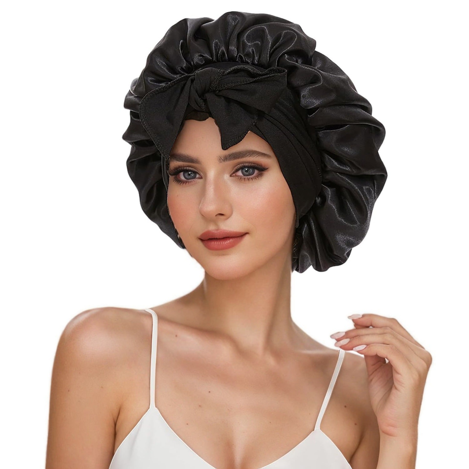 Cross-Border Popular Satin Ribbon Round Hat with Bow, Imitation Silk Beauty and Hair Care Wide-Brimmed Hat, Single-Layer Satin Sleep Cap