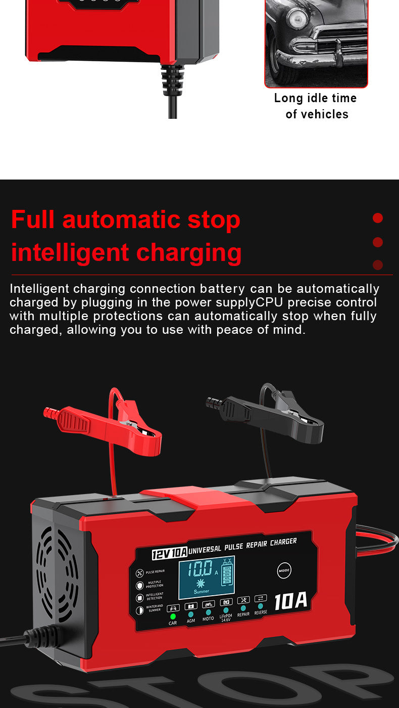 12V 10A Smart Car Battery Charger – LiFePO4 Lead Acid AGM GEL Motorcycle Battery Repair Charger