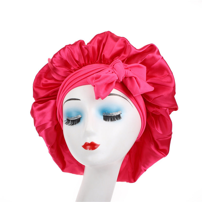 Satin Ribbon Round Sleep Cap with Bow — Imitation Silk Wide-Brimmed Hair Care Hat