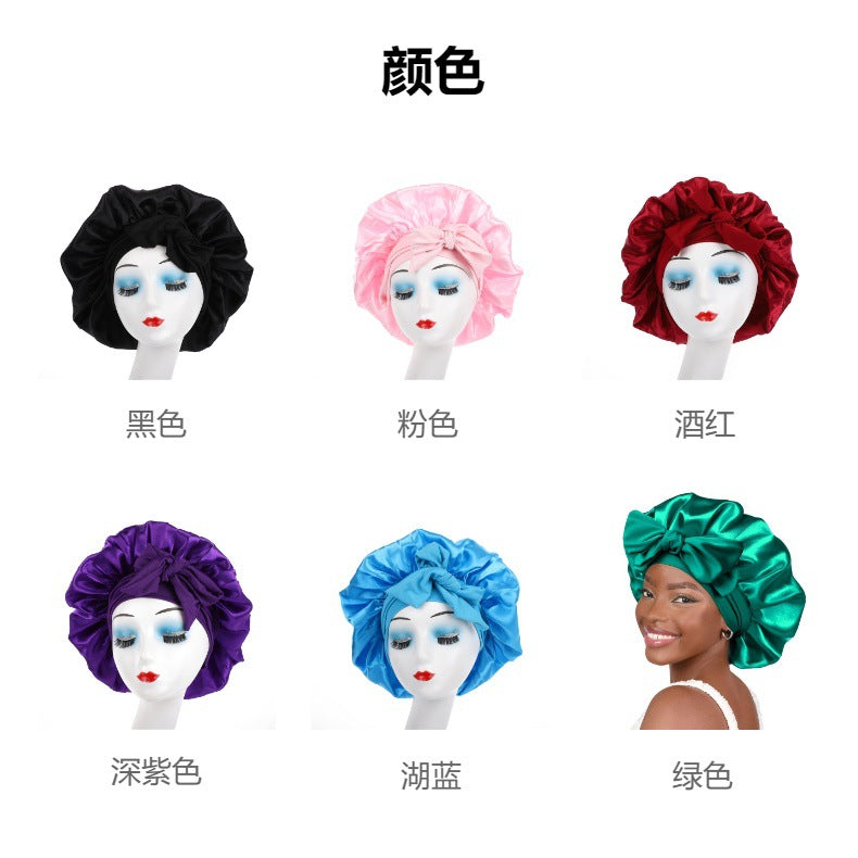 Cross-Border Popular Satin Ribbon Round Hat with Bow, Imitation Silk Beauty and Hair Care Wide-Brimmed Hat, Single-Layer Satin Sleep Cap