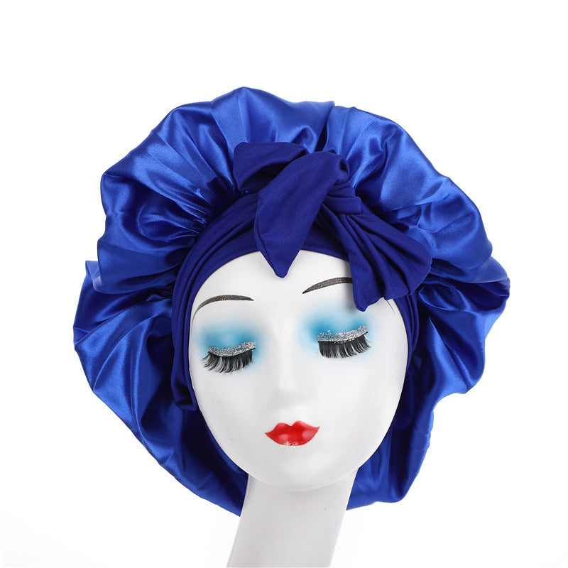 Satin Ribbon Round Sleep Cap with Bow — Imitation Silk Wide-Brimmed Hair Care Hat