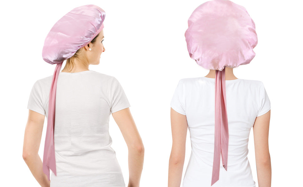 Cross-Border Popular Satin Ribbon Round Hat with Bow, Imitation Silk Beauty and Hair Care Wide-Brimmed Hat, Single-Layer Satin Sleep Cap
