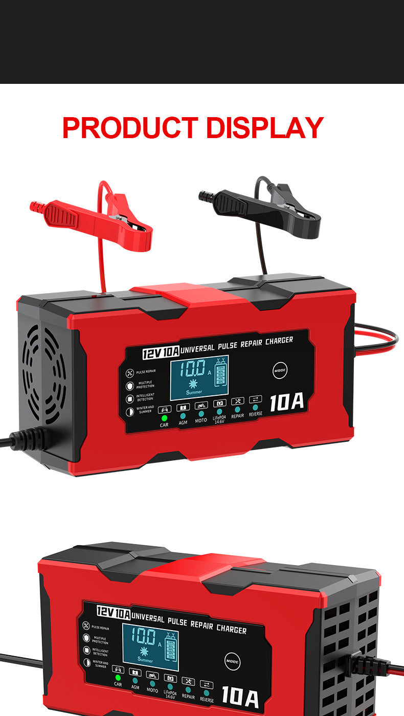 12V 10A Smart Car Battery Charger – LiFePO4 Lead Acid AGM GEL Motorcycle Battery Repair Charger