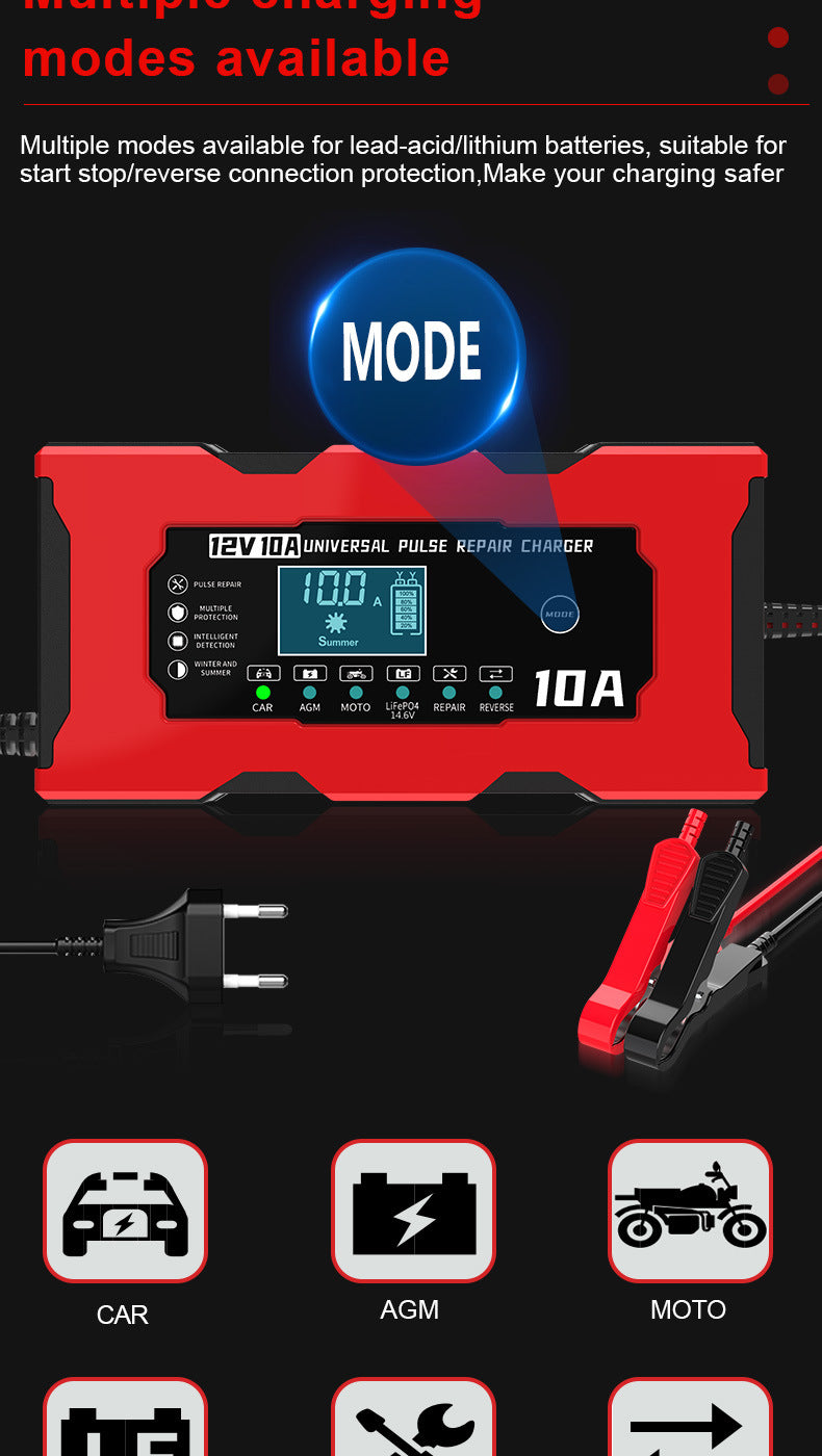 12V 10A Smart Car Battery Charger – LiFePO4 Lead Acid AGM GEL Motorcycle Battery Repair Charger