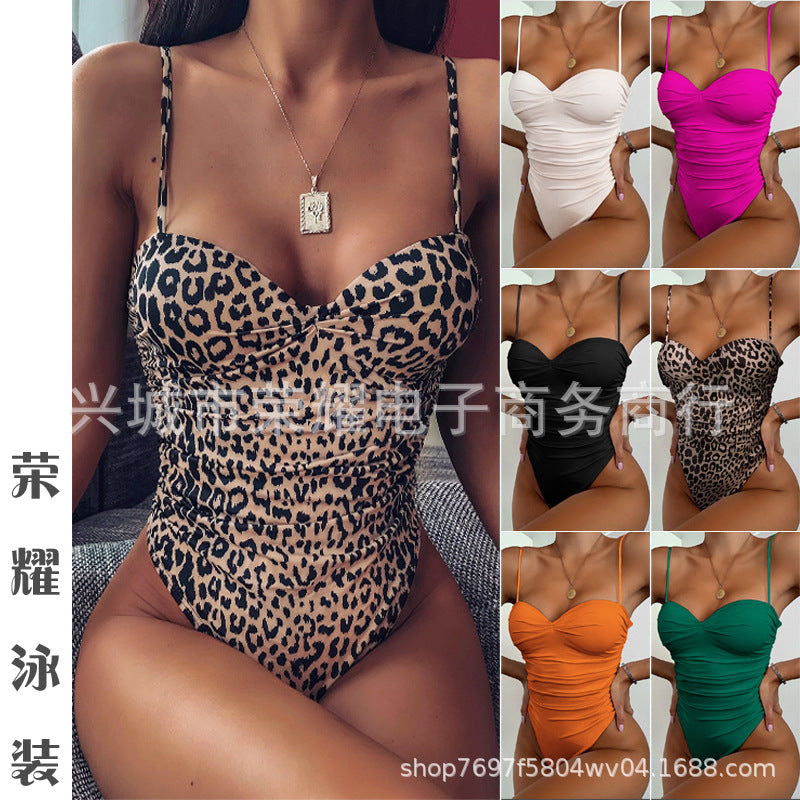 Leopard Print One-Piece Swimsuit — Women's European & American Beach Bikini