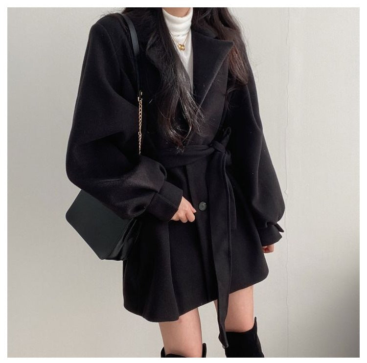 Women's Mid-Length Woolen Coat — Korean Hepburn Style with Strap Detail