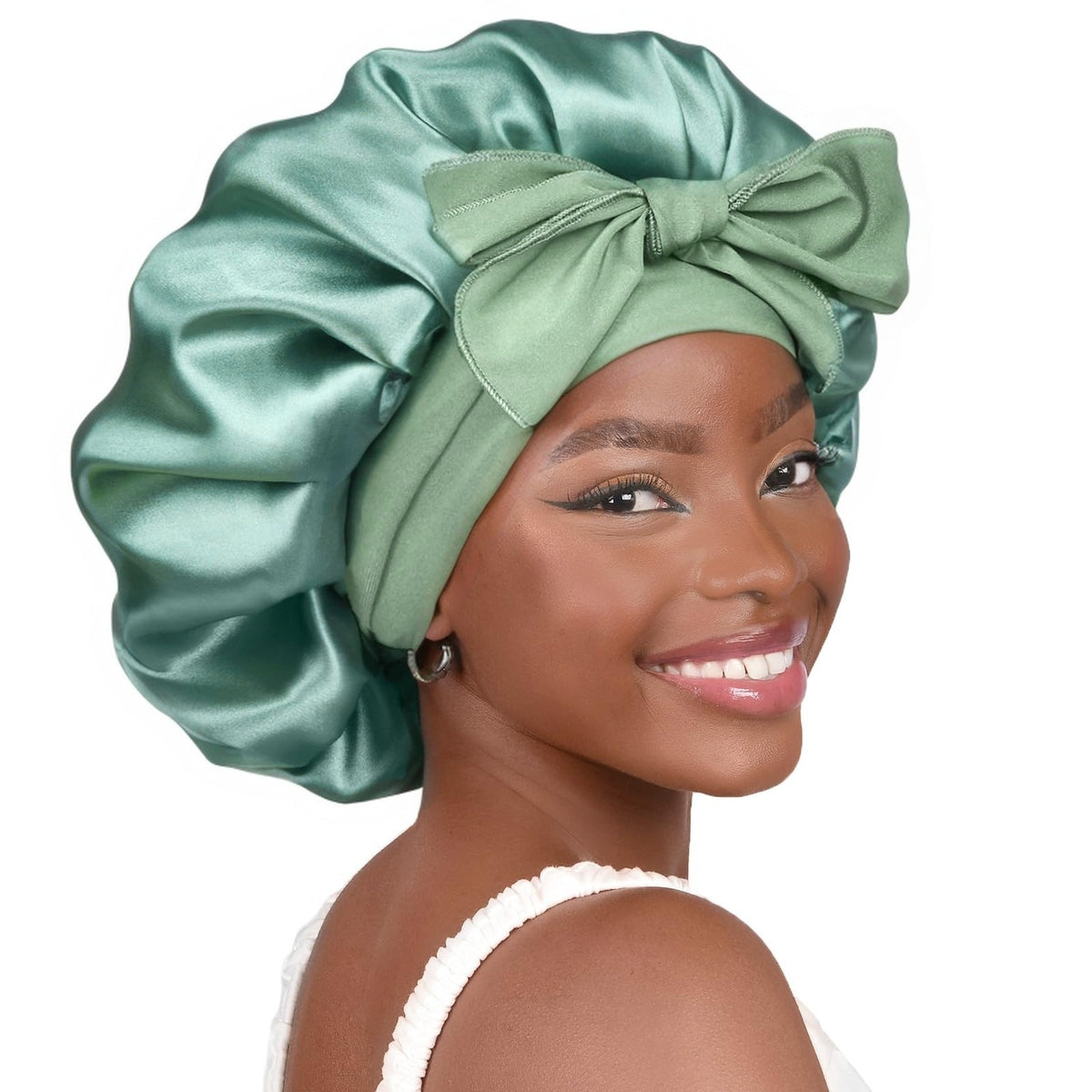 Satin Ribbon Round Sleep Cap with Bow — Imitation Silk Wide-Brimmed Hair Care Hat