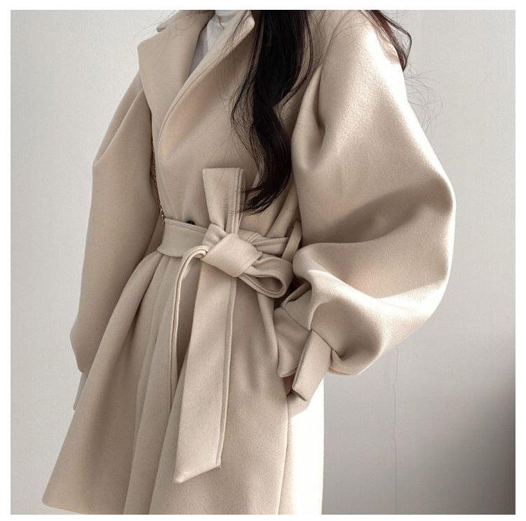 Women's Mid-Length Woolen Coat — Korean Hepburn Style with Strap Detail