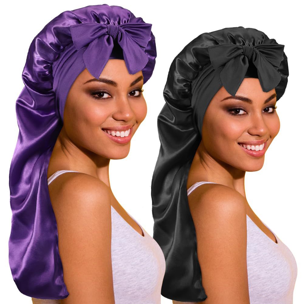 Amazon's New Women's Ribbon Long Hat Satin Nightcap Hairdressing Shower Cap Hair Care Cap Long Tail Turban Hat