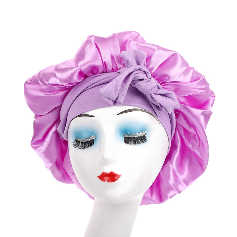 Satin Ribbon Round Sleep Cap with Bow — Imitation Silk Wide-Brimmed Hair Care Hat