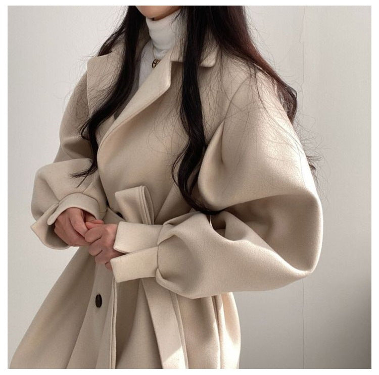 Women's Mid-Length Woolen Coat — Korean Hepburn Style with Strap Detail