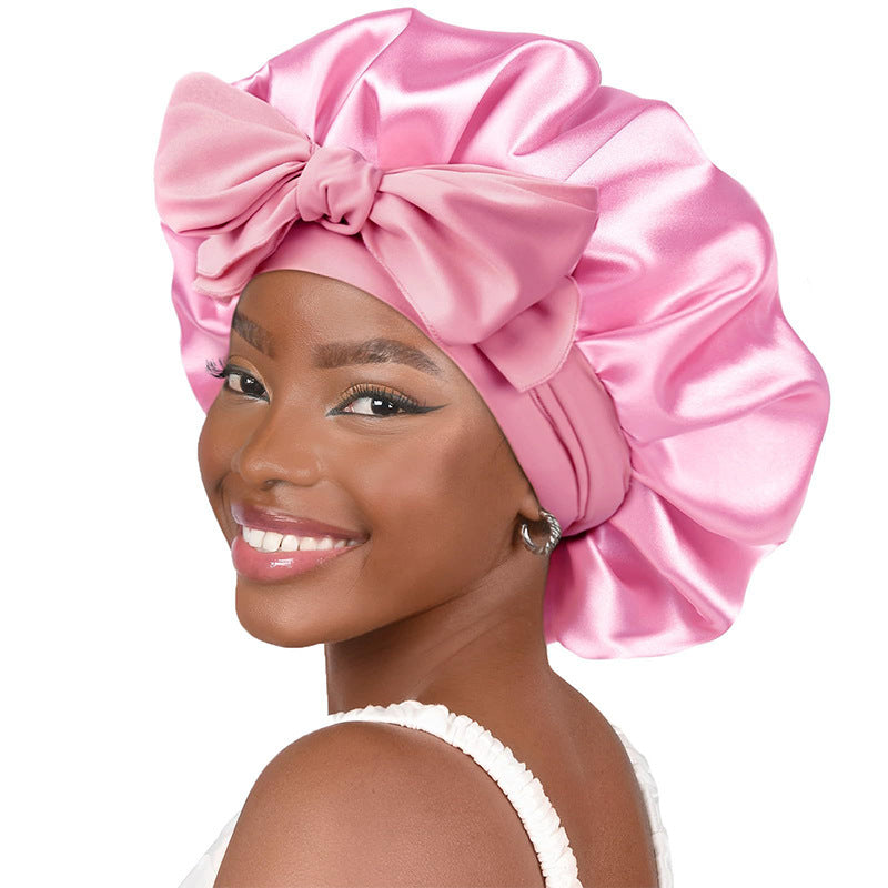 Satin Ribbon Round Sleep Cap with Bow — Imitation Silk Wide-Brimmed Hair Care Hat
