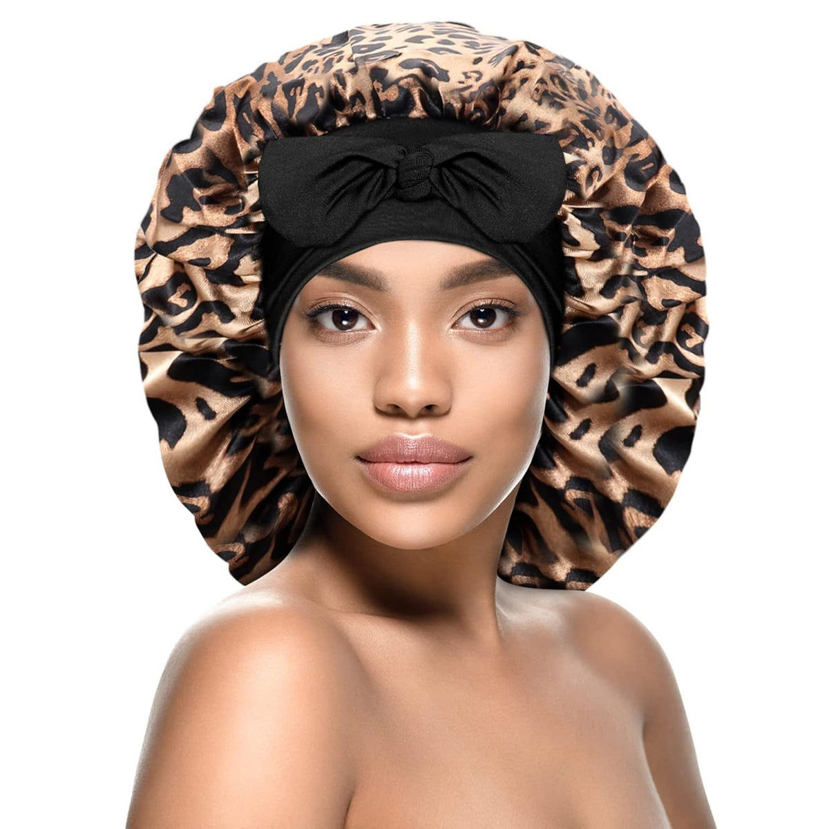 Satin Ribbon Round Sleep Cap with Bow — Imitation Silk Wide-Brimmed Hair Care Hat