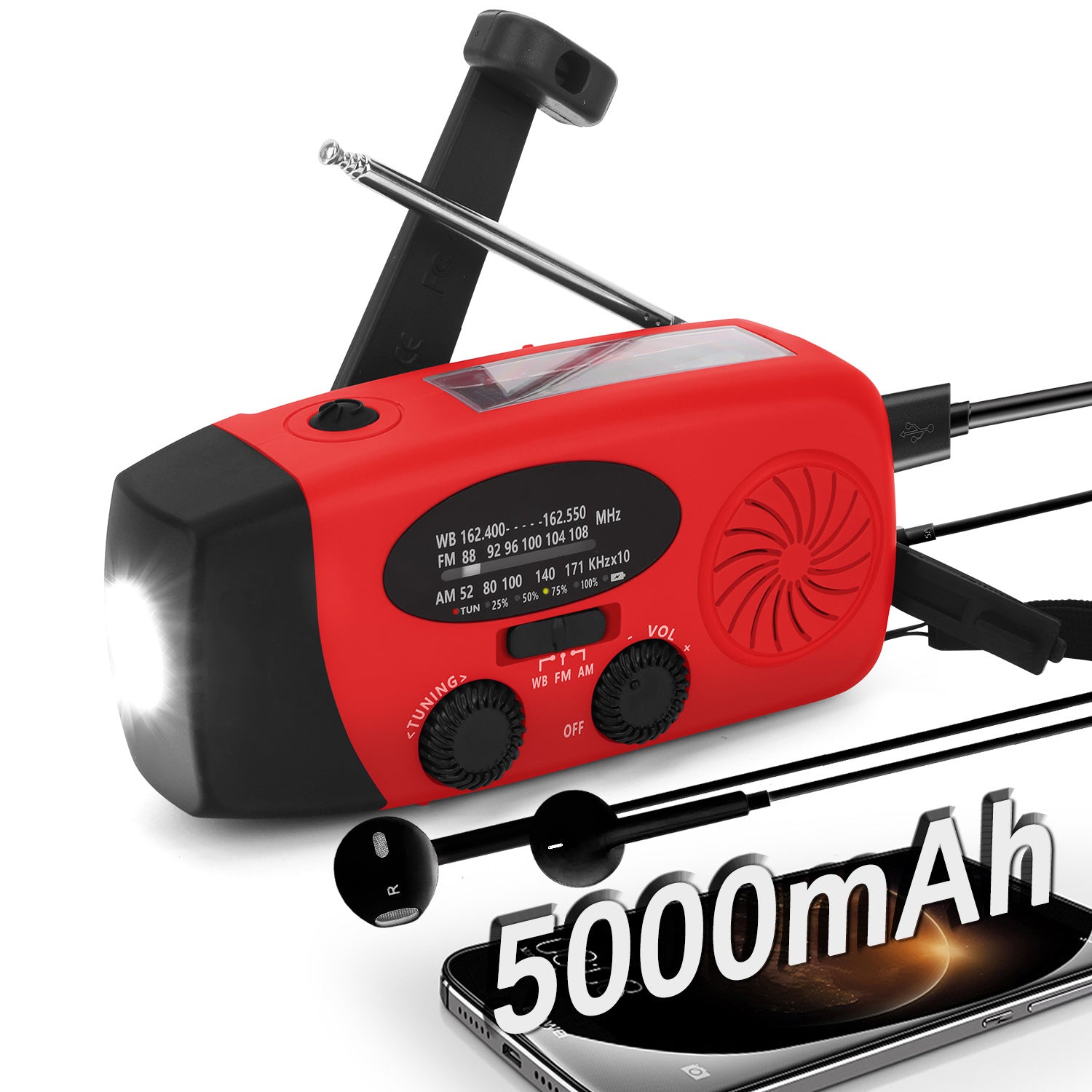 Portable Emergency Solar Hand-Crank Radio — FM/AM/WB, 2000–10000mAh Power Bank, 5 Colors