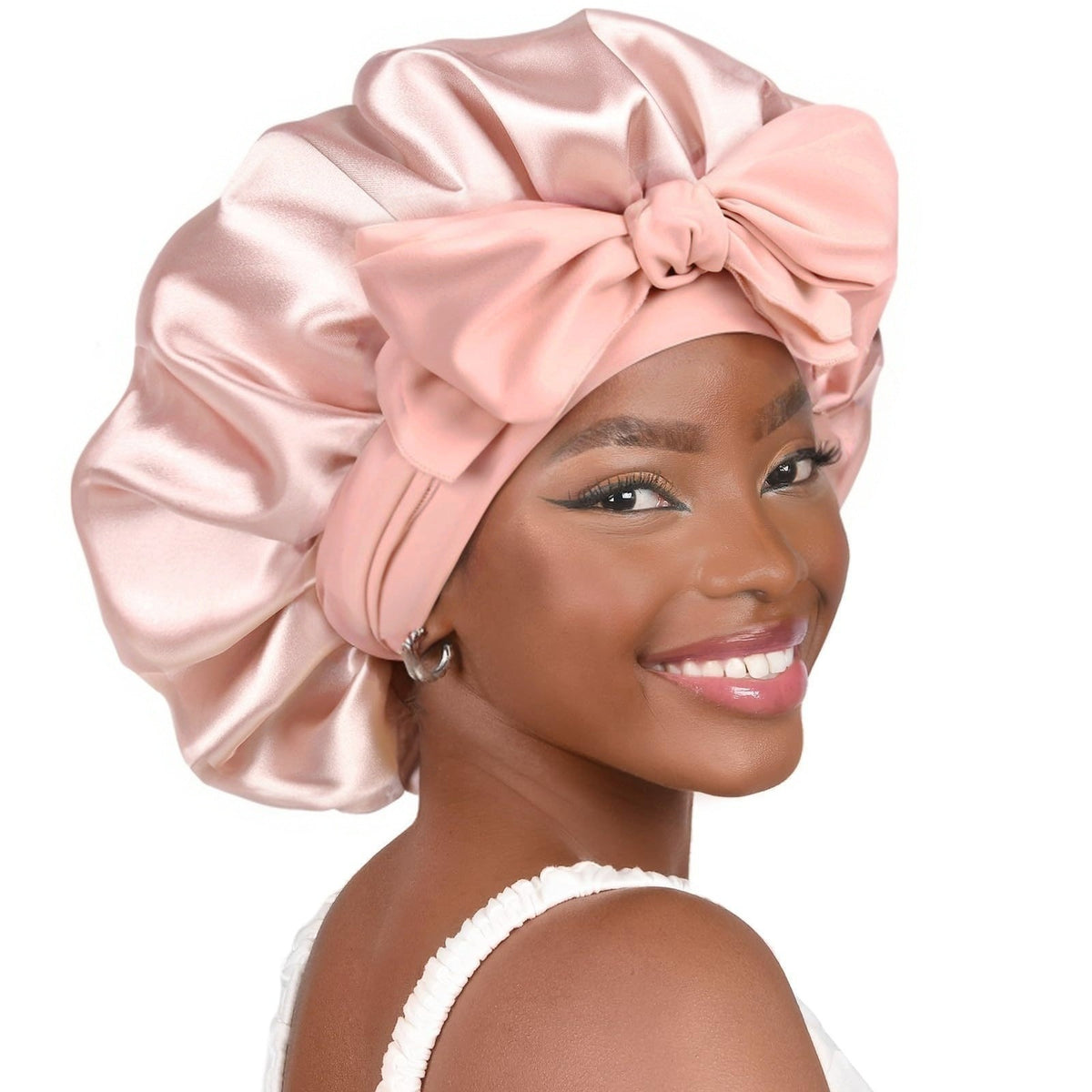 Satin Ribbon Round Sleep Cap with Bow — Imitation Silk Wide-Brimmed Hair Care Hat