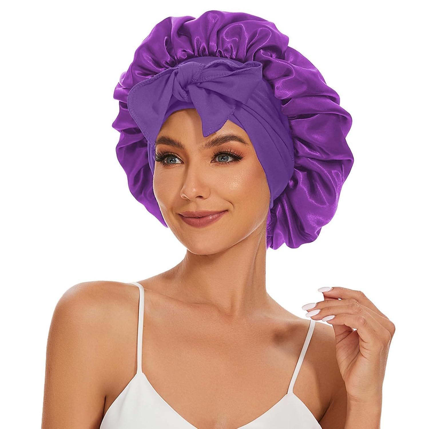 Cross-Border Popular Satin Ribbon Round Hat with Bow, Imitation Silk Beauty and Hair Care Wide-Brimmed Hat, Single-Layer Satin Sleep Cap