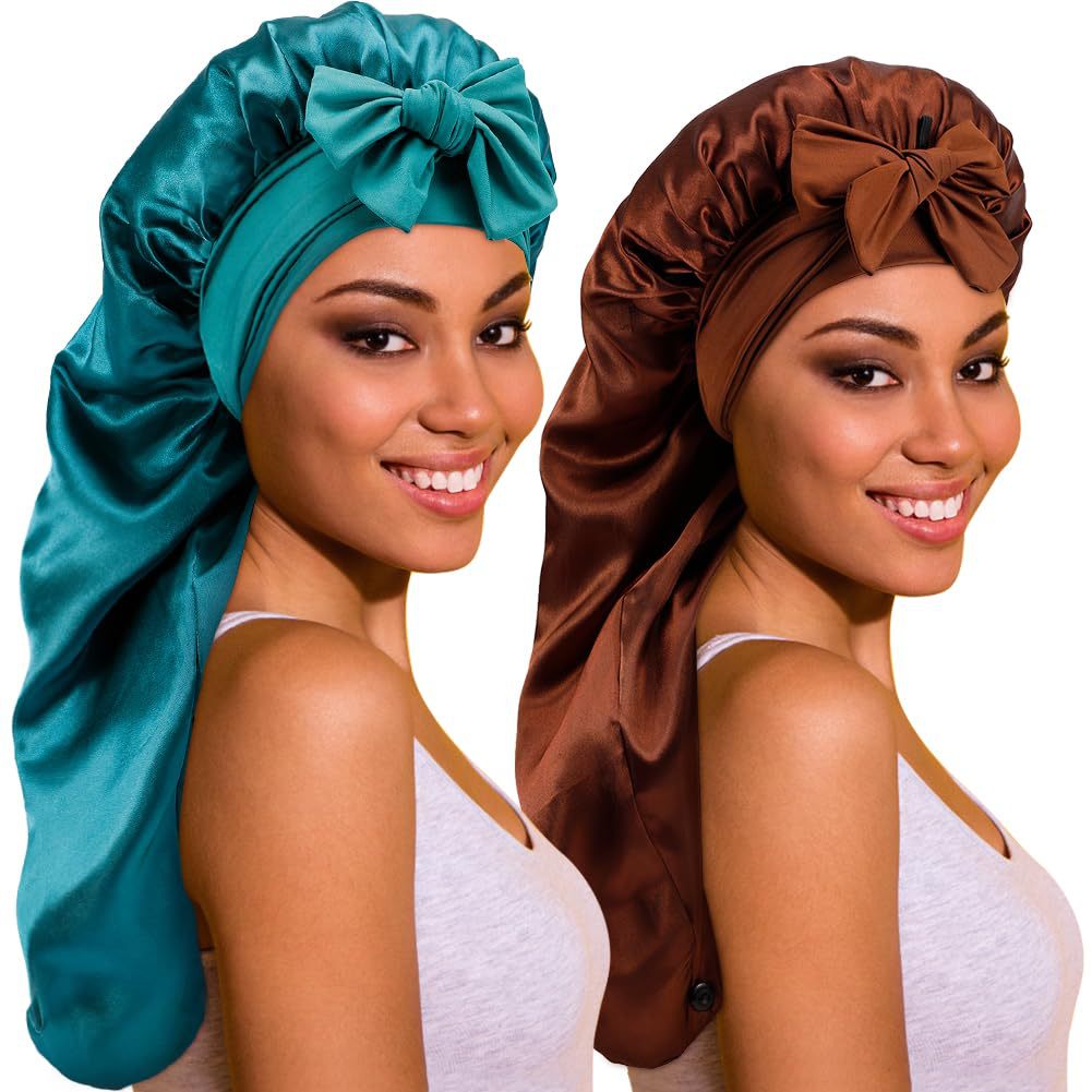 Amazon's New Women's Ribbon Long Hat Satin Nightcap Hairdressing Shower Cap Hair Care Cap Long Tail Turban Hat
