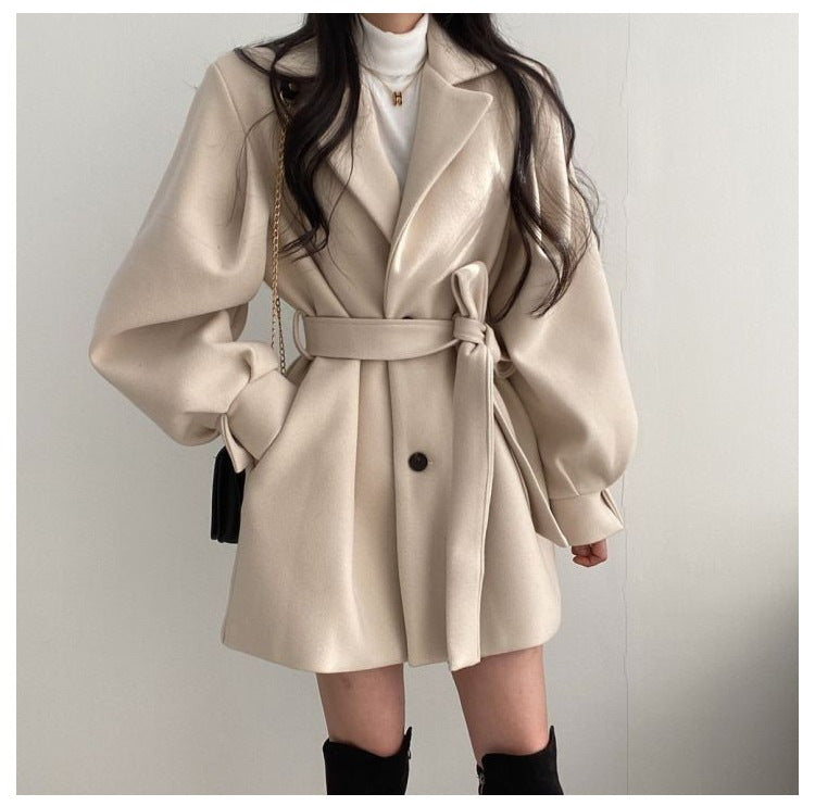 Women's Mid-Length Woolen Coat — Korean Hepburn Style with Strap Detail