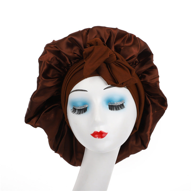 Satin Ribbon Round Sleep Cap with Bow — Imitation Silk Wide-Brimmed Hair Care Hat