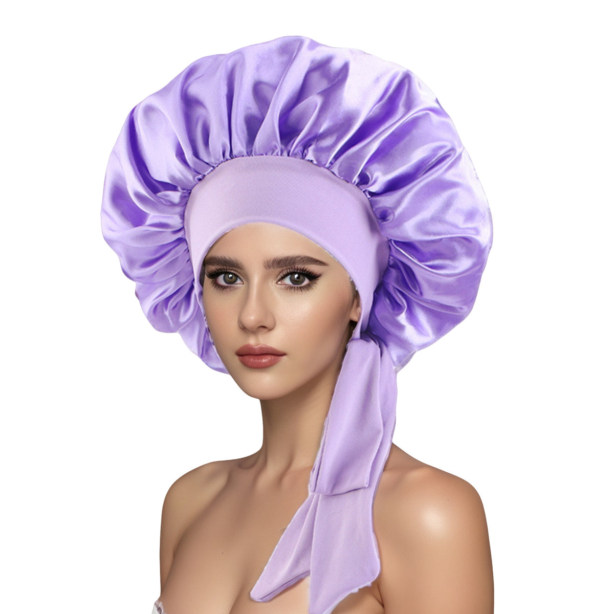 Satin Ribbon Round Sleep Cap with Bow — Imitation Silk Wide-Brimmed Hair Care Hat