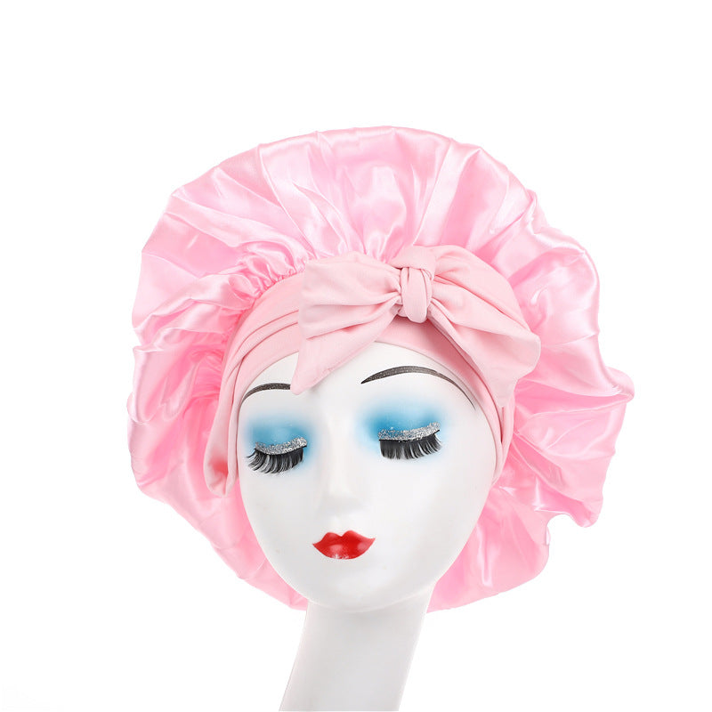 Satin Ribbon Round Sleep Cap with Bow — Imitation Silk Wide-Brimmed Hair Care Hat
