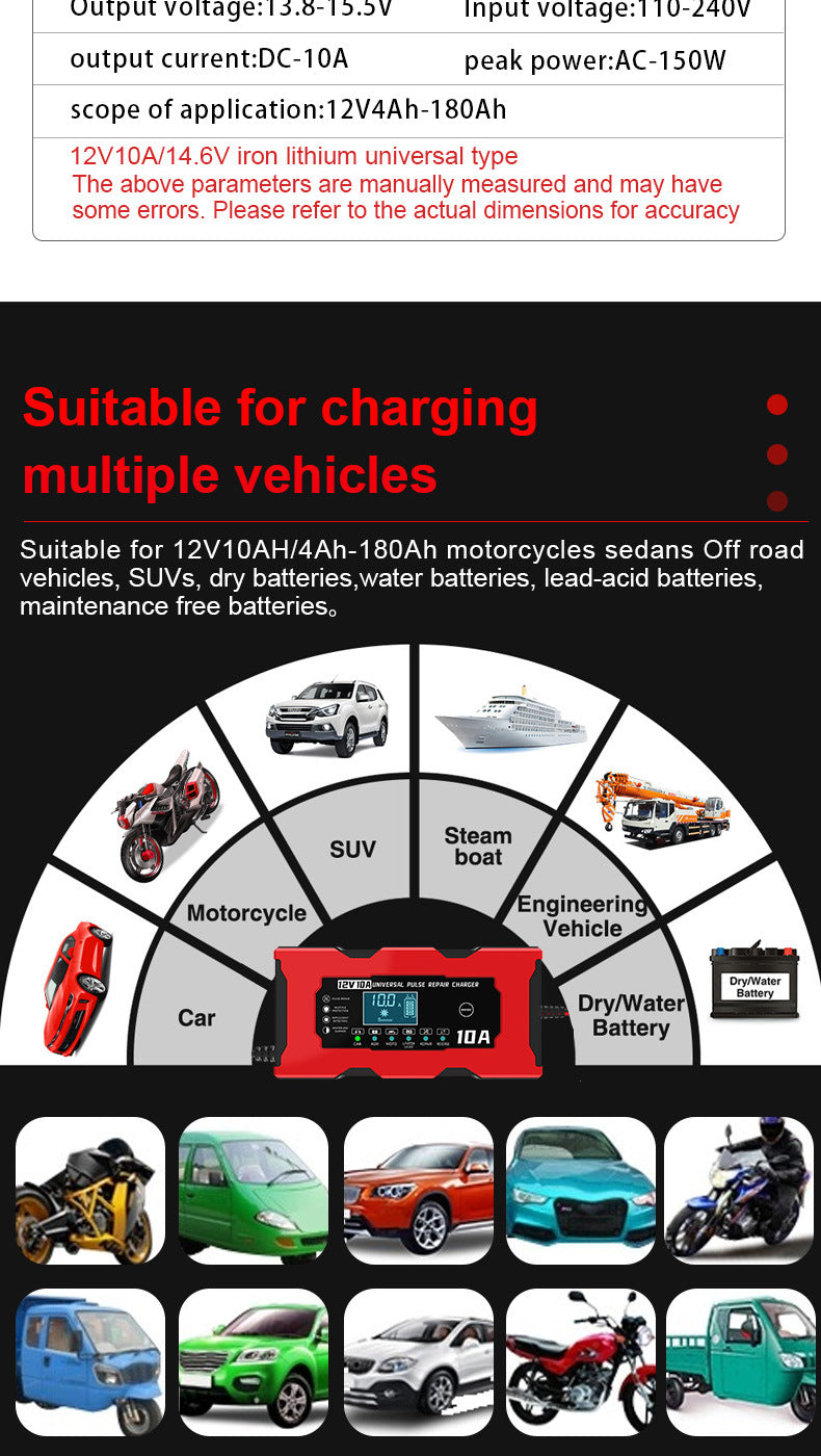 12V 10A Smart Car Battery Charger – LiFePO4 Lead Acid AGM GEL Motorcycle Battery Repair Charger