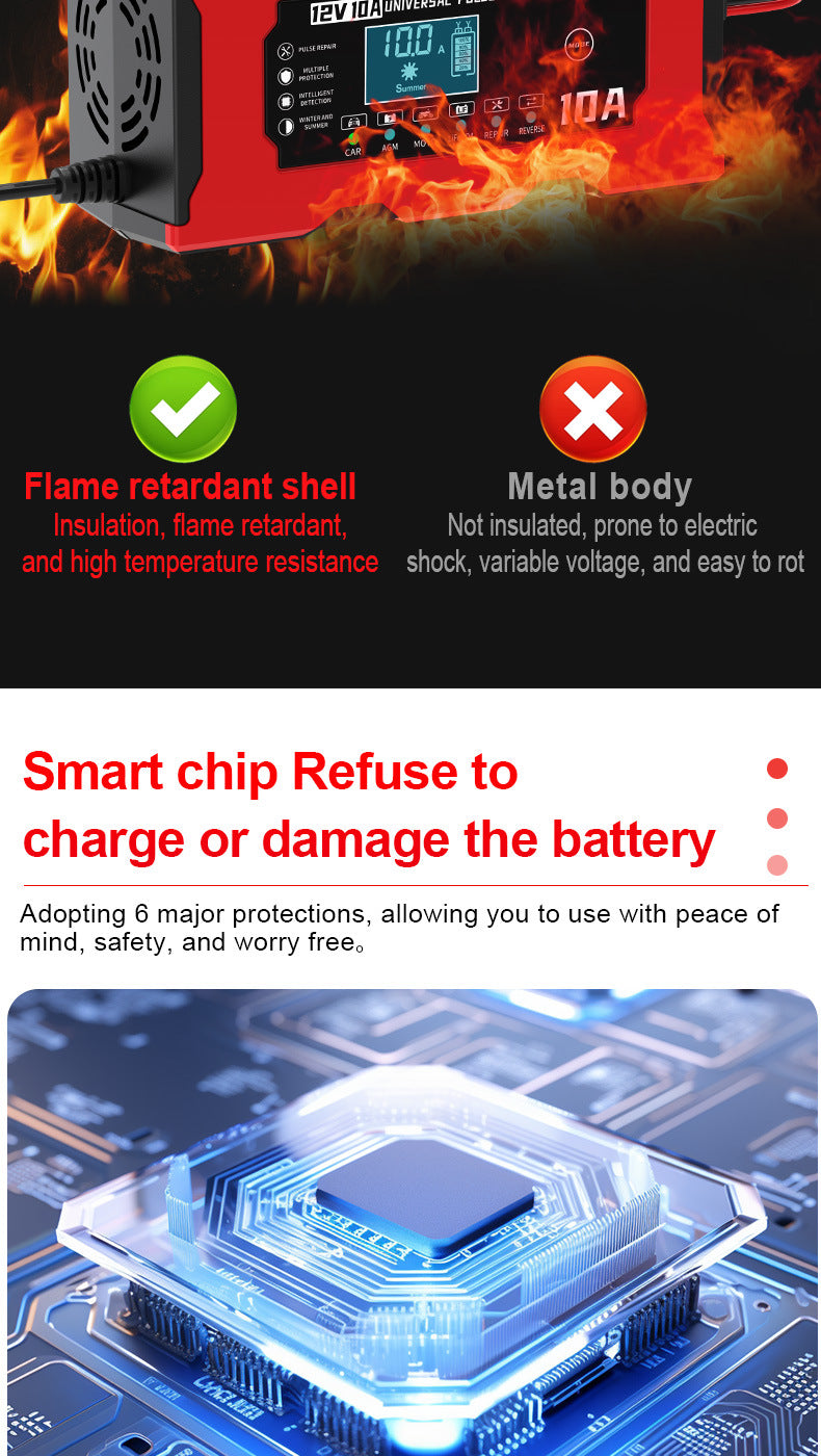 12V 10A Smart Car Battery Charger – LiFePO4 Lead Acid AGM GEL Motorcycle Battery Repair Charger