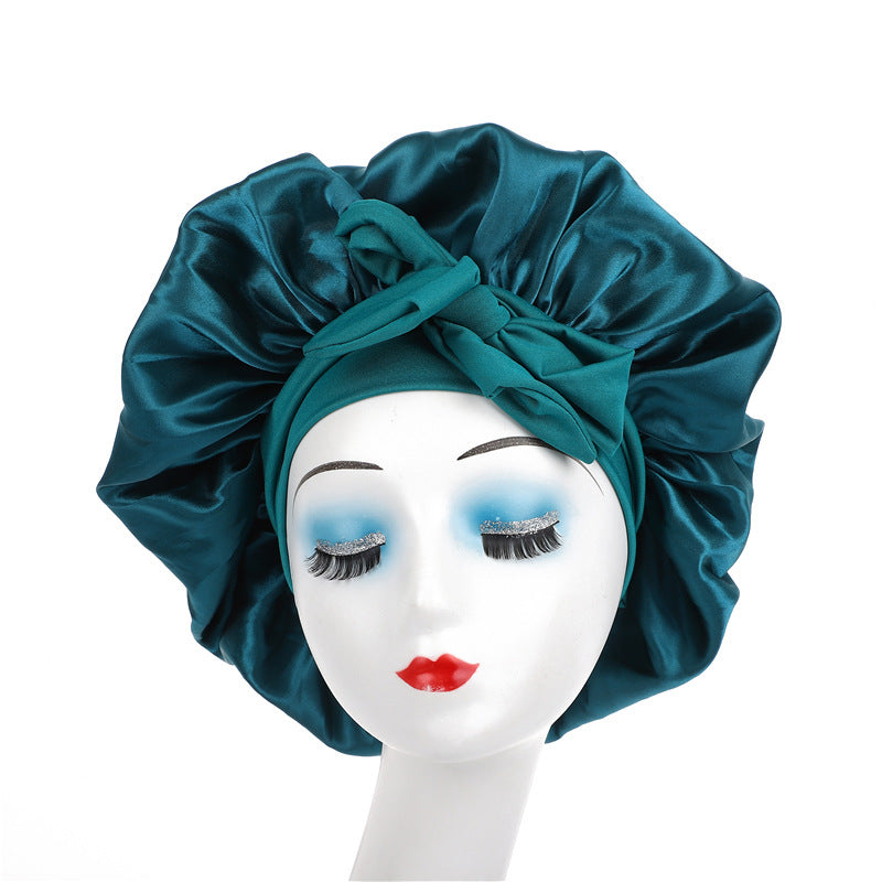 Satin Ribbon Round Sleep Cap with Bow — Imitation Silk Wide-Brimmed Hair Care Hat