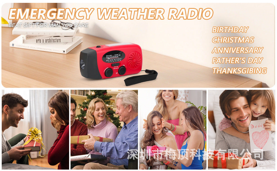 Portable Emergency Solar Hand-Crank Radio — FM/AM/WB, 2000–10000mAh Power Bank, 5 Colors